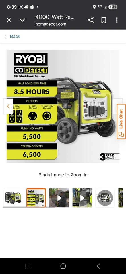 Generador portátil a gasolina RYOBI 6.500 vatios con sensor de apagado de CO Foto 3 de 4