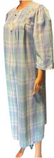 Miss Elaine Night Gown House Dress L Blue Plaid Seersucker Embroidered Zip