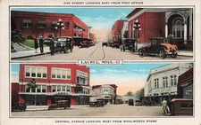 Postcard ~ Laurel Mississippi, Split View, Oak St. & Central Ave., Early Autos