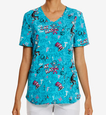 Dr Seuss Cat In The Hat Fun Womens V Neck Print Scrub Top Size M