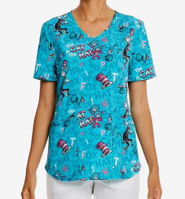 Dr Seuss Cat In The Hat Fun Womens V Neck Print Scrub Top Size M