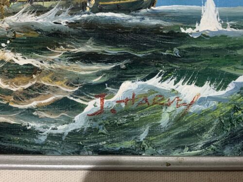 Arte de batalla enmarcado pintura al óleo firmada por J. Harvey Ships Battle at Sea - Imagen 3 de 6