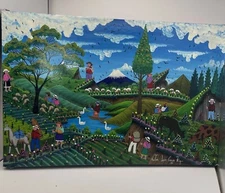 Vtg Tigua Folk Artist AUTOR LUIS CUYO ZOAQUIZO sheepskin PAINTING Ecuador 12”x8”