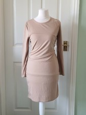 Women Beige Bodycon Dress Long Sleeve Smart Casual Formal Work Dress UK Size XS