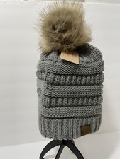 C.C Gray Cable Knit Faux Fur Pom Pom Beanie Hat NWT