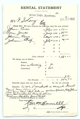 Great Falls MT Rental Receipt Statement for Rent and Repairs 1920     e1-55