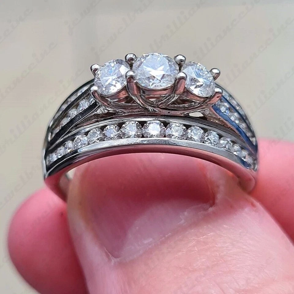 0.52 TCW Round Cut Moissanite Three Stone Engagement Ring 14K White Gold Plated - Image 3 of 4