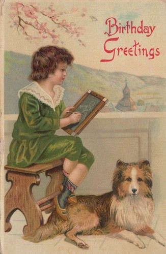 Postcard - Birthday - Child Drawing on Board - Collie Dog - Used/Unposted