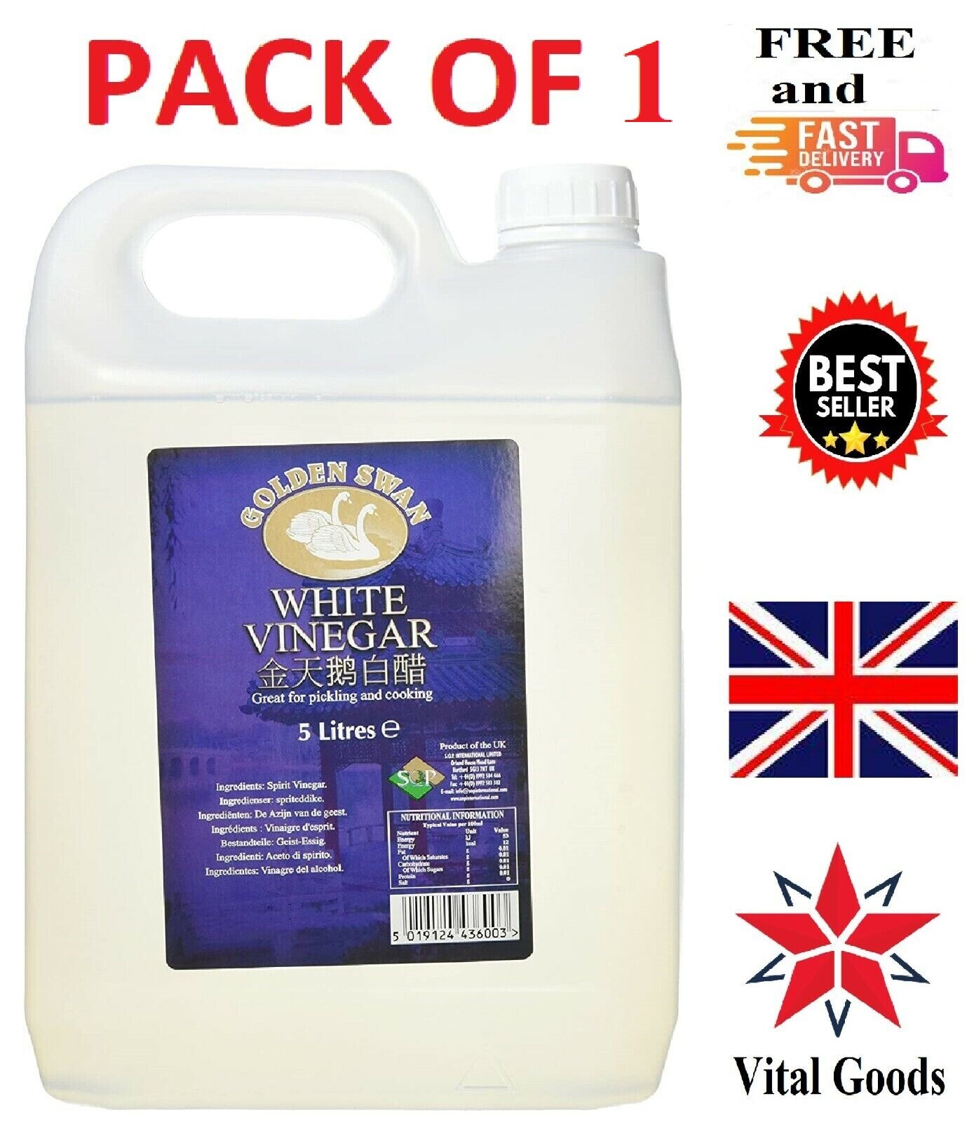Golden Swan white vinegar 1 x 5 litre & pack of 4 x 5L Cleaning Stain