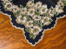 Vintage Unused Hanky Gold Dogwoods on Black Scalloped Edge Exceptional NOS