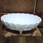 Vintage White Milk Glass Oval Footed Bowl Scalloped Edge Glossy Decorative