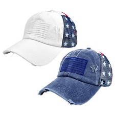 American Flag Distressed Baseball Cap Cotton Mesh Splice Summer Hat Men Women