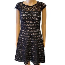Adrianna Papell Cap Sleeve Banded Lace Fit Flare Evening Formal Dress Black 4