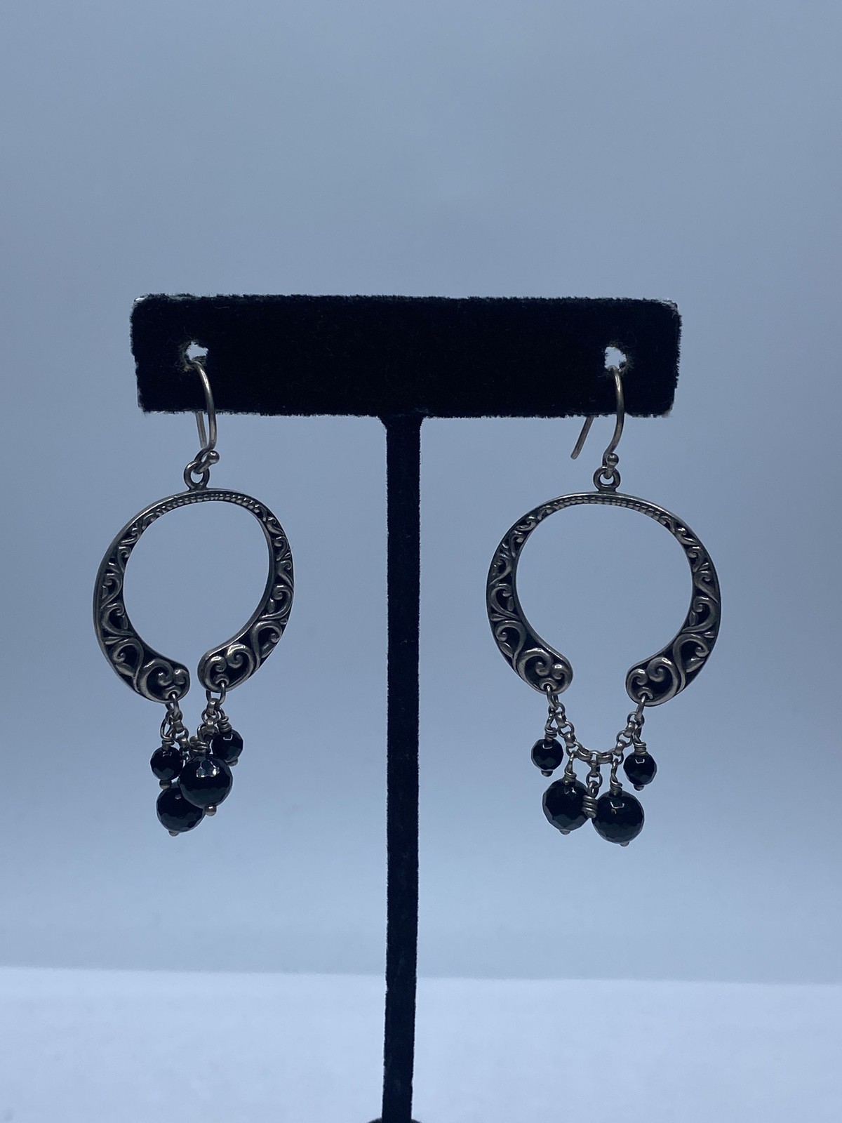 Sterling Silver Onyx Dangle Circle Scroll Earring… - image 1