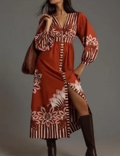 New Farm Rio x Anthropologie Long-Sleeve V-Neck Midi Dress Red S NWT