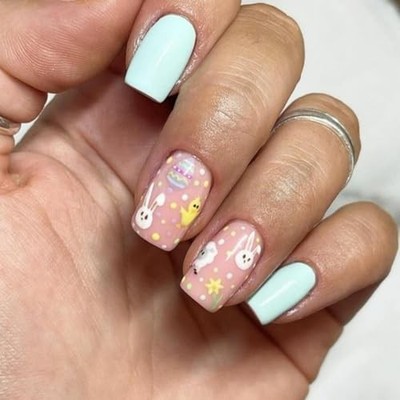 Easter Press on Nails Short Square Fake Nails with Cute Rabbits Pattern F44