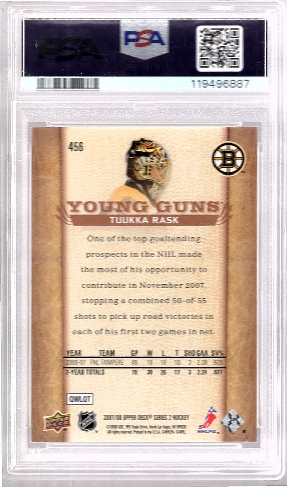 TUUKKA RASK 2007-08 Upper Deck Young Guns ROOKIE PSA 9 Mint Boston Bruins RC - Image 2 of 2