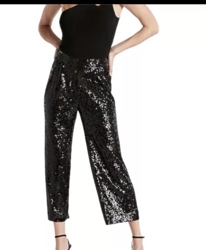 EXPRESS BLACK HIGH WAISTED SEQUINS PLEATED CROPPED TROUSERS SIZE S NEW WITH TAGS - Picture 9 of 9