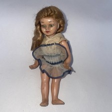 Creepy Vintage 1950s Hard Plastic Doll 9.5cm – Sleep Eyes – Mesh Dress Blue Trim