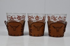 3 Vintage Libbey Western Barware Glasses Leather Holders Ranch Cowboy Steer