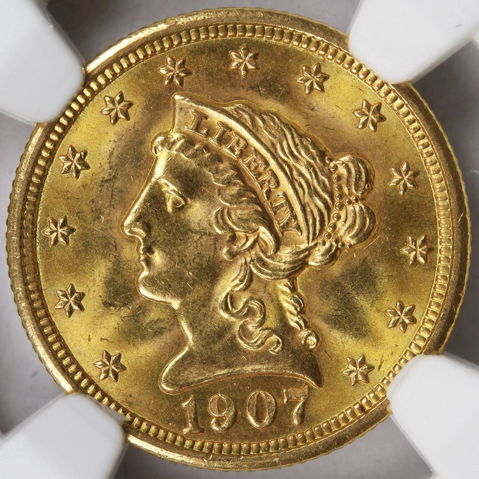 1907 年 2.5 美元自由女神 25 美分鹰 NGC 评级 MS65 — 第 3/4 张图片