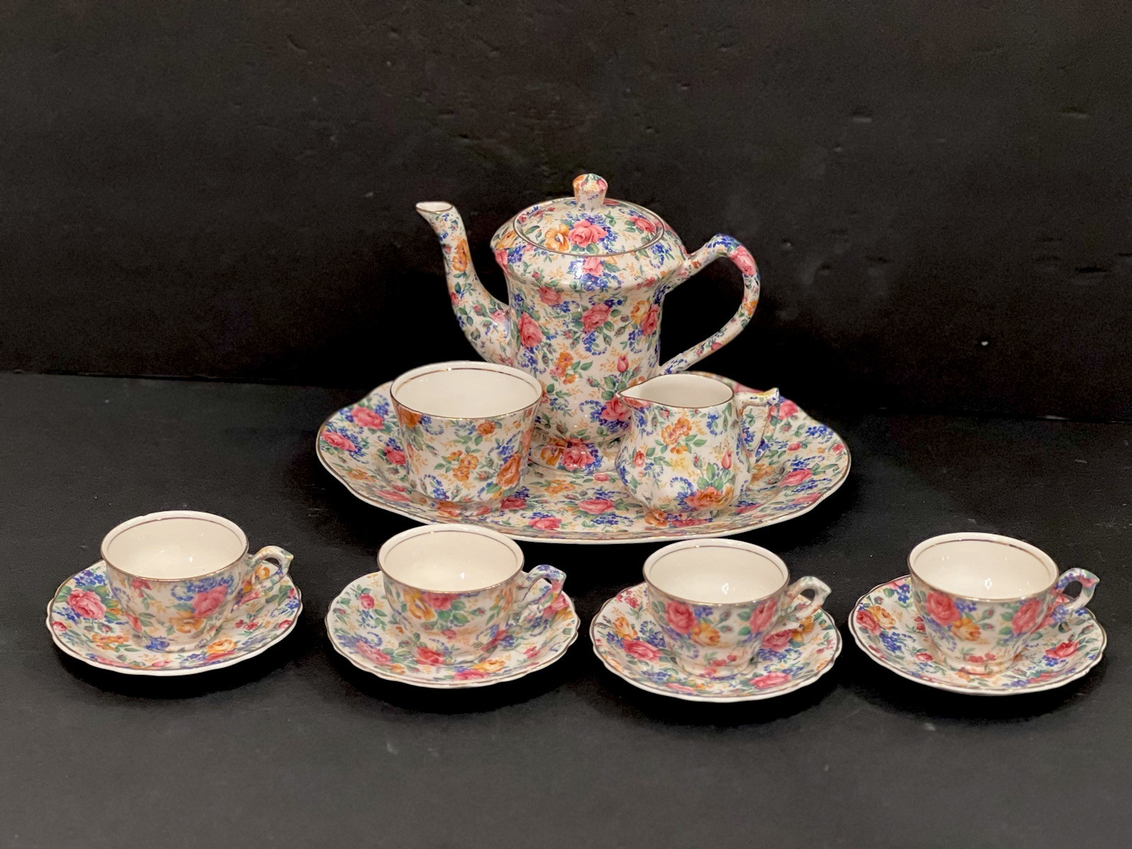 1930s - Chintz 'Rosalynde' Longton James Kent LTD Complete Server Tea Set Gold G