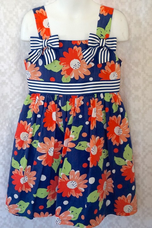 JESSICA ANN Girls Blue Gingham Bows Floral Polka Dot Summer Dress Sz. 6 Used