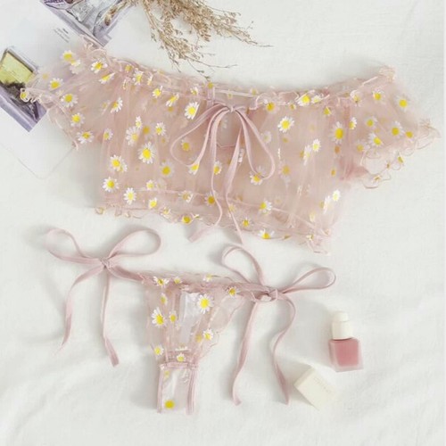 Women Sexy Lingerie Daisy Lace Transparent See-through Underwear Set Nightwear - Picture 8 of 14
