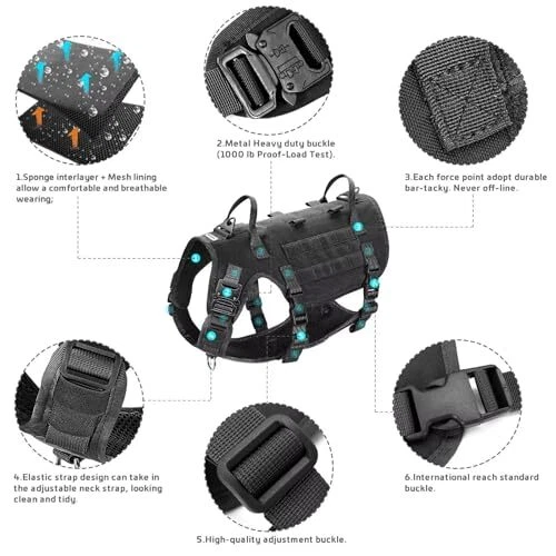 Dog Harness Medium Sized Dog,Tactical L:Chest 21.5-45.0",Neck 19.5-39.0" Black
