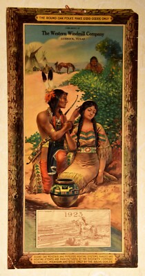 Western Windmill Company-1923 Embossed Calendar Featuring Indian Couple 21''x 11''