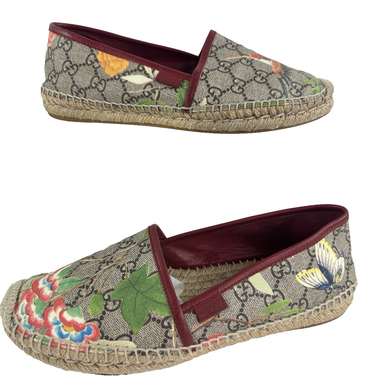 Gucci Mujeres Auténticas 9.5 EE. UU. 39.5 GG Supreme Lona Cuero Flores Alpargatas Zapatos