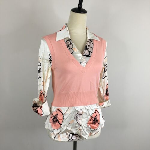 BEBE Peach Knit MultiColor Floral Print Silk Blend 3/4 Sleeve Shirt Womens sz XS