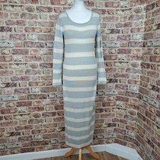 Peruvian Connection Knitted Dress Blue Grey Striped Small Long Sleeve Cotton