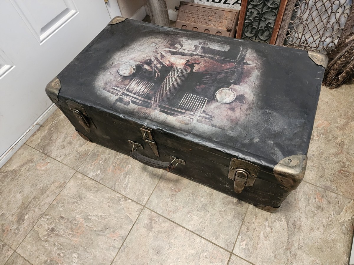 Antique Metal Trunk, Suitcase Style. Redone. Black & Copper. Old