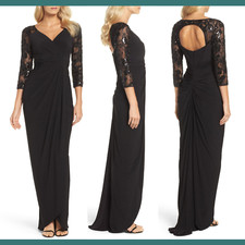 NWT Adrianna Papell Lace Sleeve Gathered Gown in Black SZ 6  E671