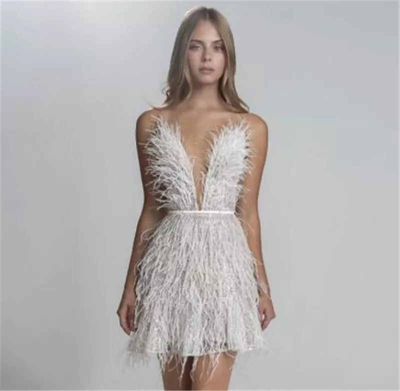 Women Summer Feather Dress Low V Neck Ostrich Feather Solid Mini Dresses  Party