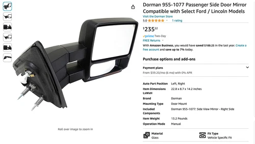 Dorman 955-1077 Passenger Side Heated Tow Mirror Turn Signal 07-11 F150 LT Mark