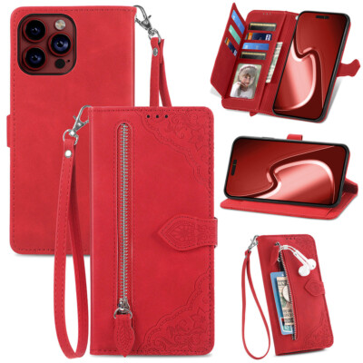 For iPhone 15 14 Pro Max 13 12 11 XS XR Luxury Leather Zipper Wallet Phone Case