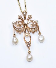 MAGNIFICENT! Edwardian *14K GOLD* Pendant Necklace **GENUINE DIAMOND & PEARLS**