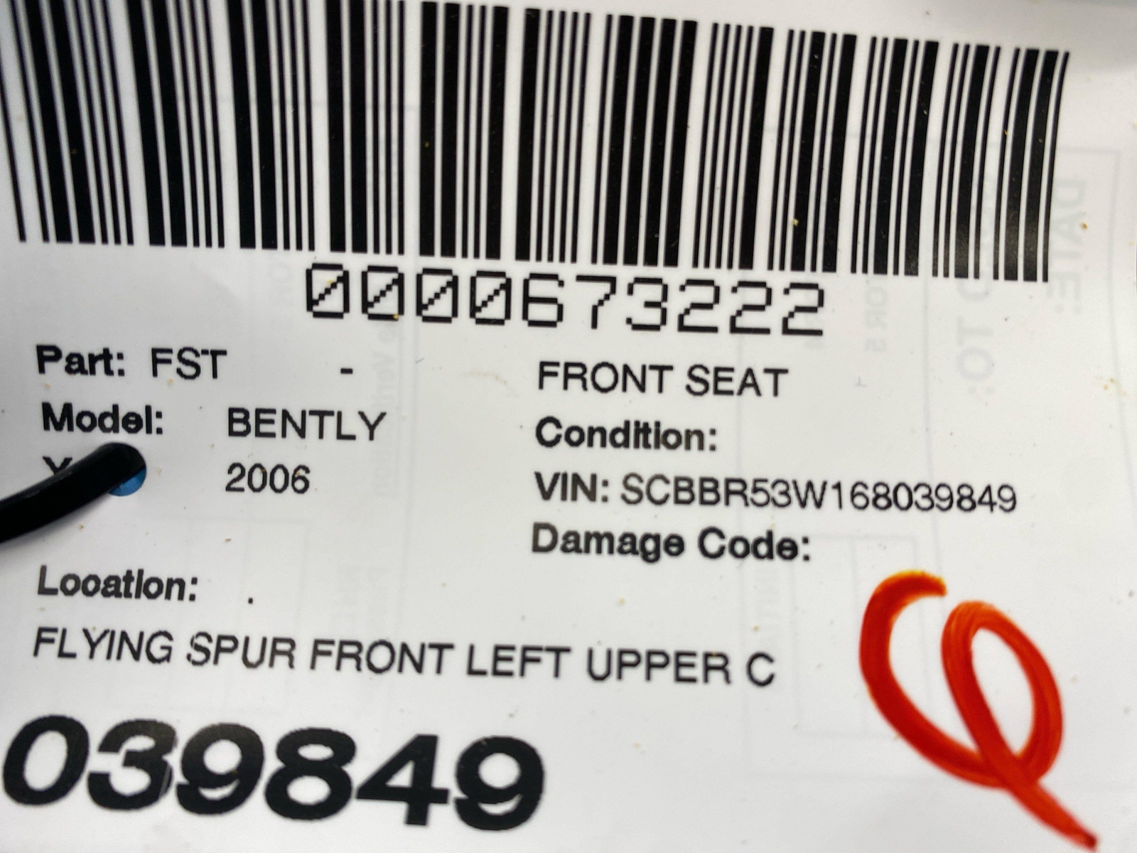 2006-2012 BENTLEY CONTINENTAL FLYING SPUR FRONT LH UPPER HEAT/COOL SEAT CUSHION