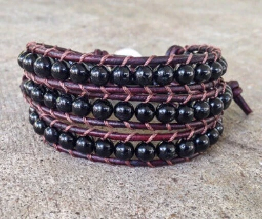 Браслет из бисера кожи черный турмалин драгоценный камень энергетическое дерево средний ручной работы - Изображение 2 из 2