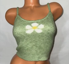 LA Hearts Fuzzy Crop Tank Top Womens S Green White Daisy Flower