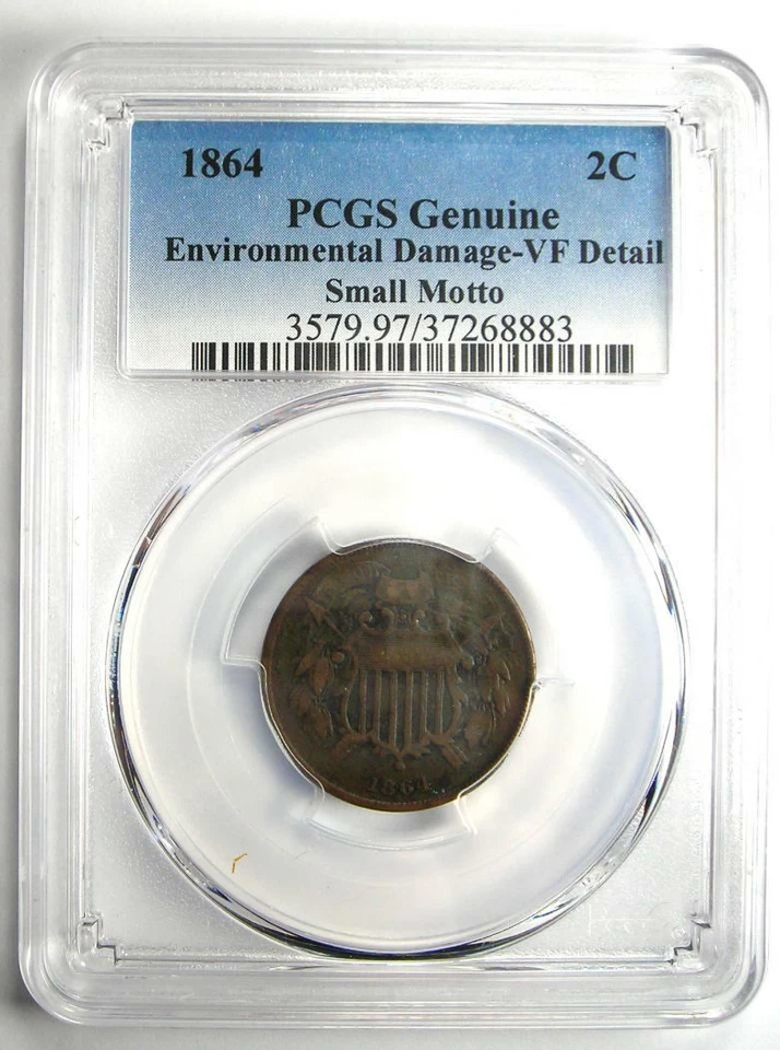 1864 "Small Motto" Two Cent Coin 2C - PCGS VF Details - Rare Small Variety! - Image 2 of 4