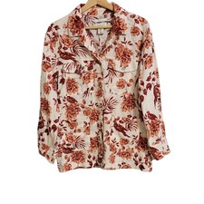 Rachel Zoe Linen Shirt Jacket Medium Red White Floral Bird Print 