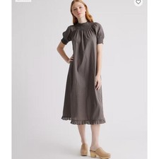 Quince Swiss Dot Smocked Midi Dress Charcoal Grey Cotton Puff Sleeve Womens M