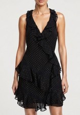 GUESS Black Gold Polka Dots V Neck Ruffled Wrap Dress L