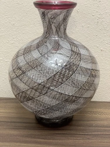 Vintage Italy Murano Latticino Swirl Style Glass Vase. Cranberry, White & Brown