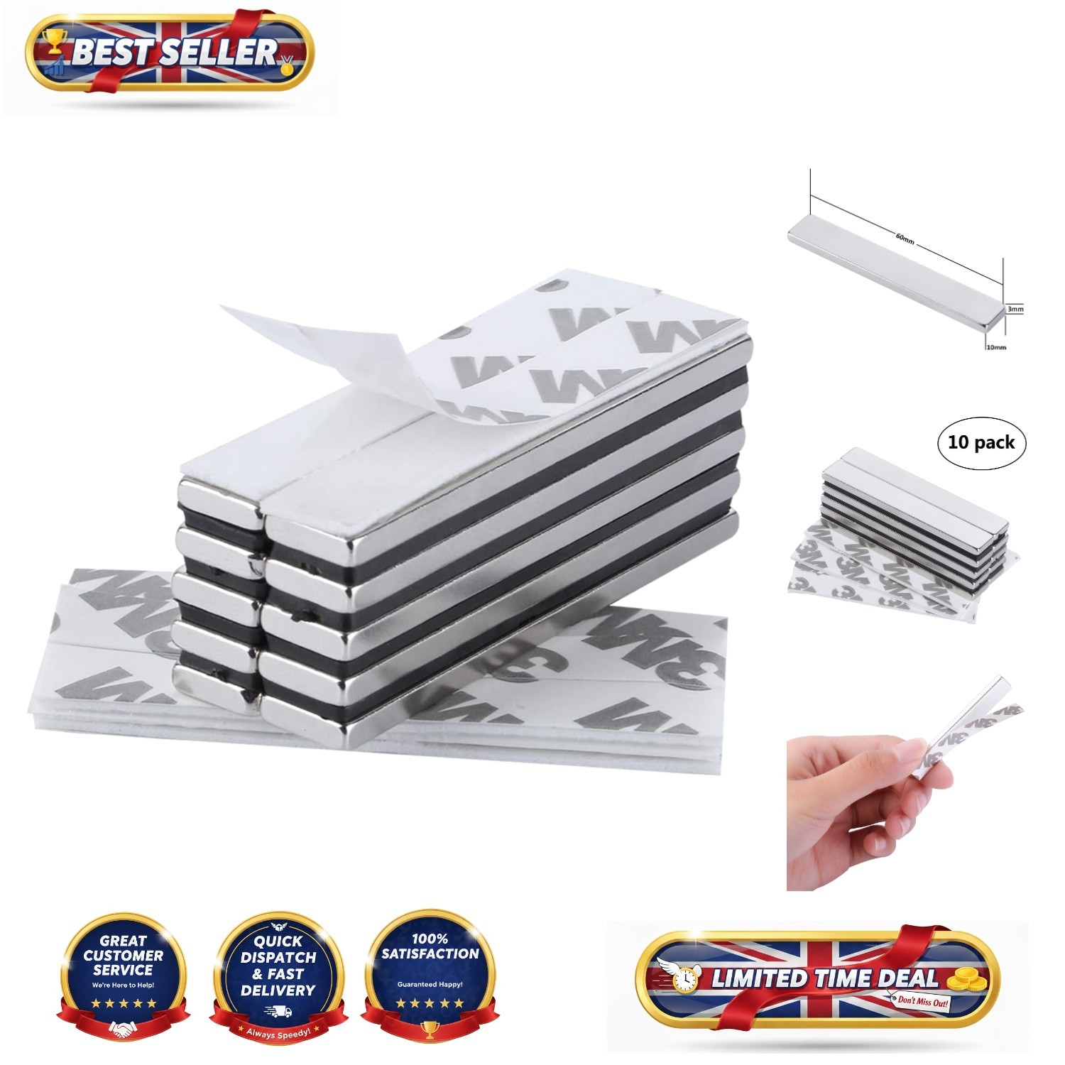 Compact 60x10mm Self-Adhesive Neodymium Magnets - 33lbs Strength Pack of 10