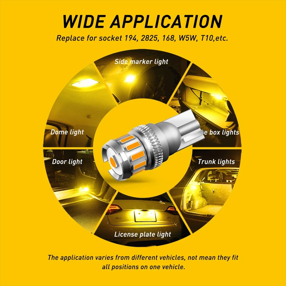 AUXITO T10 168 2825 LED License Plate Side Marker Light Bulb Canbus Amber 10/20x Foto 3 de 4