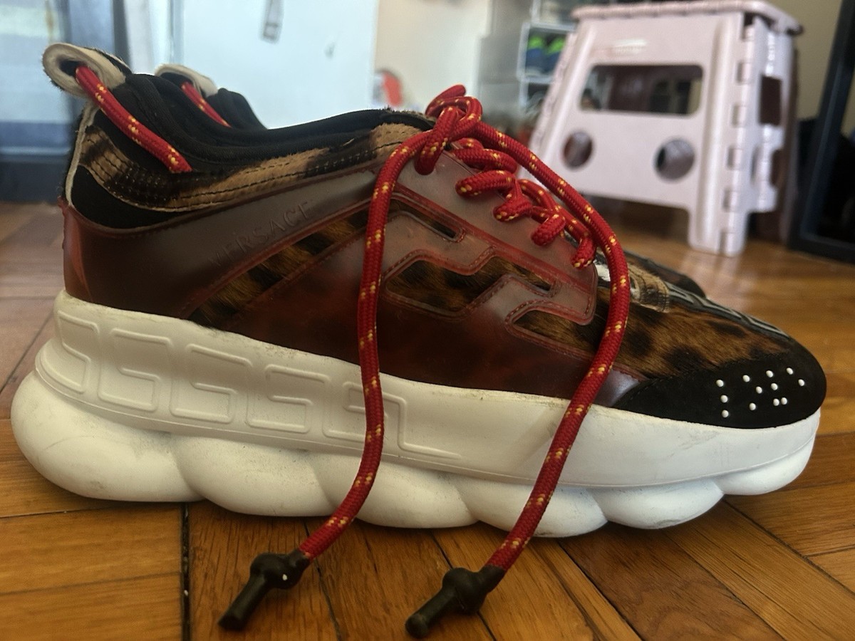 Versace Chain Reaction Animal Print Men's Sneakers Red Laces White